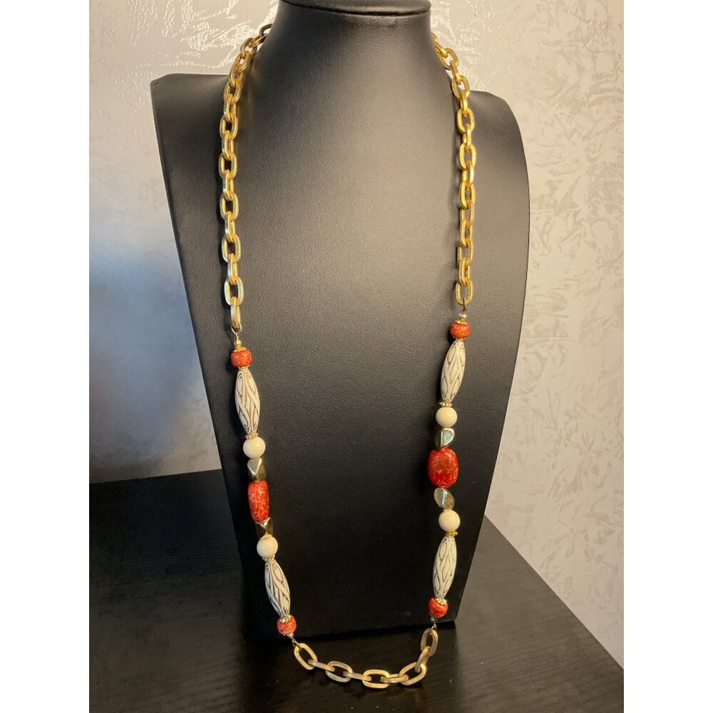 Vintage Gold Chain Station Necklace Red Coral Tone & Etched Style Beads
